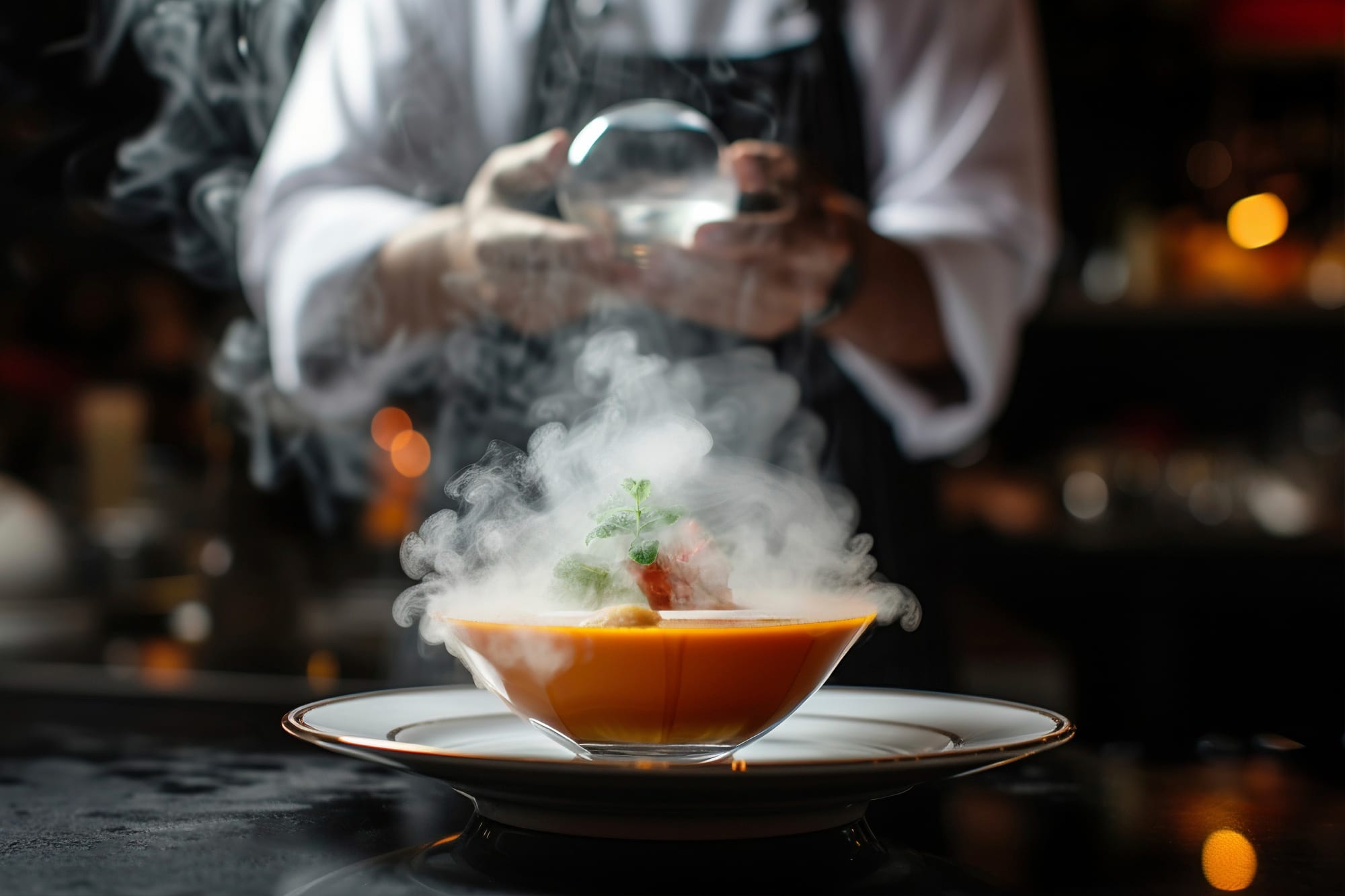 A dish being finished tableside at a restaurant