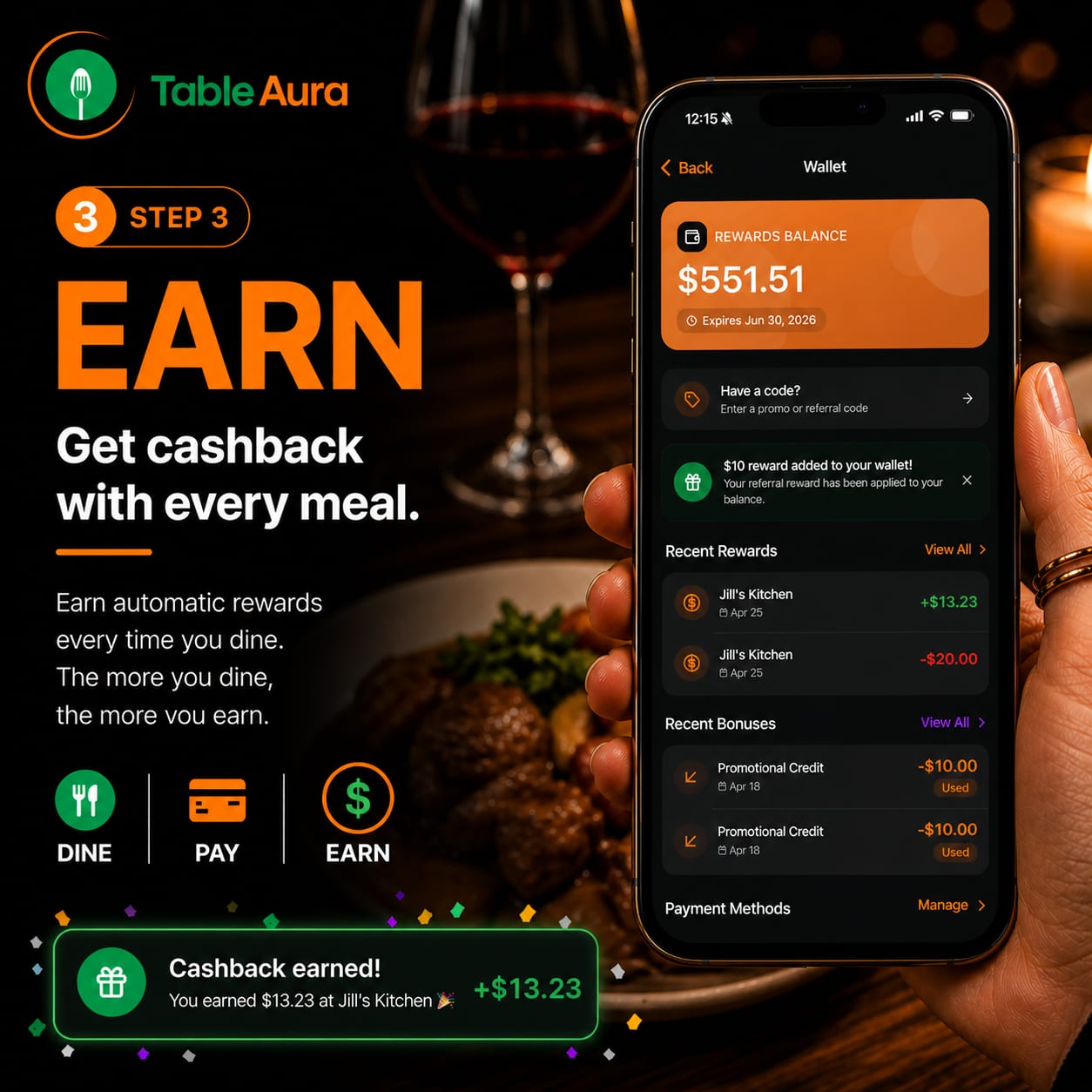Earn step in the TableAura app