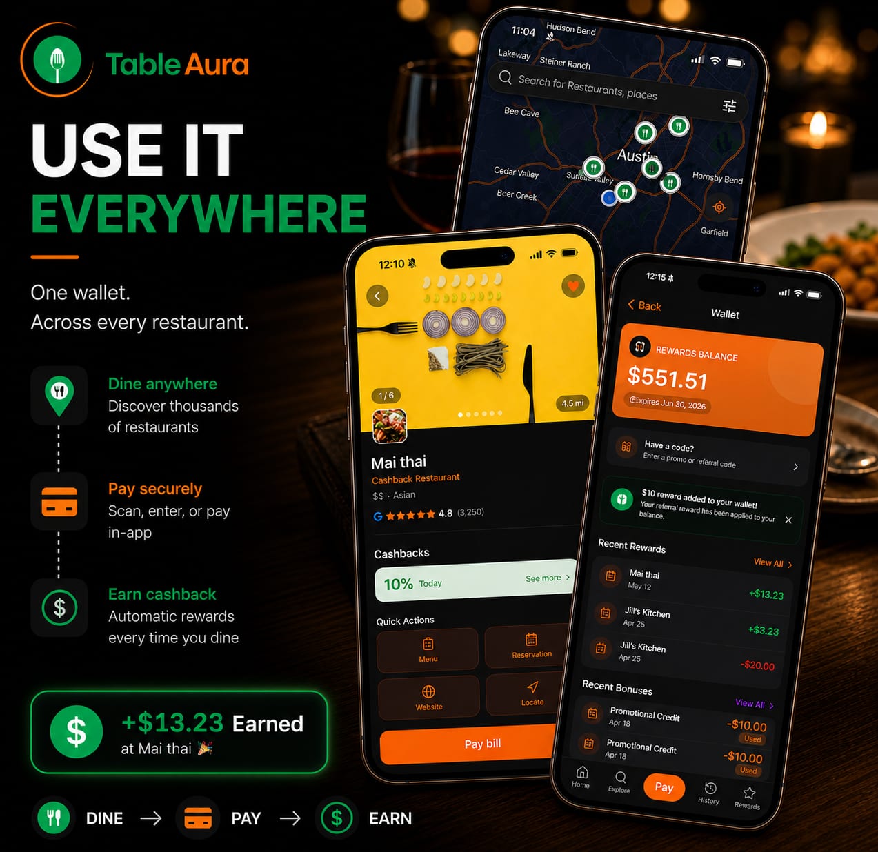Map view, restaurant browsing, and wallet screens in the TableAura app, shown across multiple phones